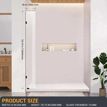 Bathroom Shower Glass Door 10" W×78.75" H, 3/8"(10mm) Thick Clear Tempered Glass Panel with Clamps, Fixed Frameless Waterproof Shower Door, Matte Black