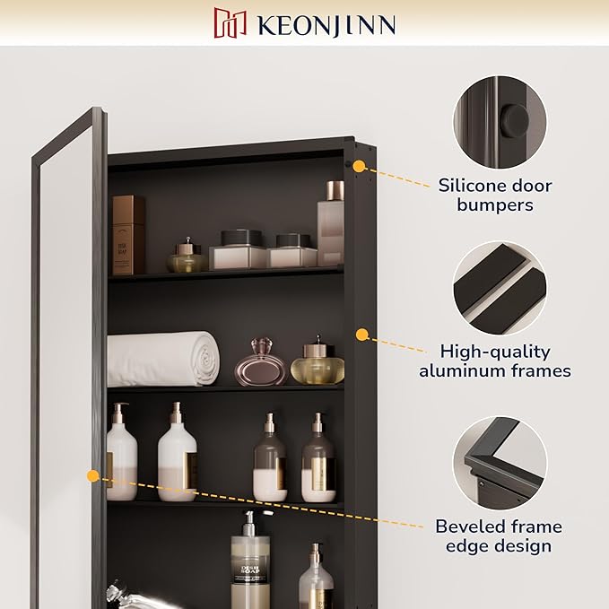 Keonjinn Medicine Cabinet Mirror 40" x 32", Assembly Needed, Black Medicine Cabinet with Mirror for Bathroom, Beveled Framed, Stepless Adjustable Shelves, Wall-Mounted or Recessed, Tempered Glass