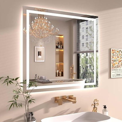 Snowdool 40 x 36 in LED Bathroom Mirror, Front and Backlit, Anti-Fog | Front and Backlit, 3 Color Temperatures, Anti-Fog, Tempered Glass