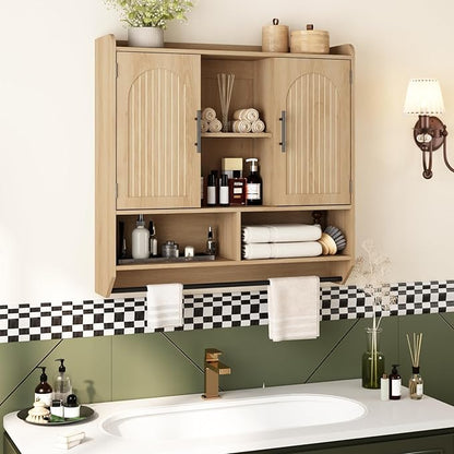 RUSTOWN Fluted Bathroom Wall Cabinet, Mid-Century Modern Medicine Cabinet with Adjustable Shelves & Towel Bar,3-Tier Wall Mounted Cabinets, Over The Toilet Storage Cabinets for Bathroom, Natural Oak