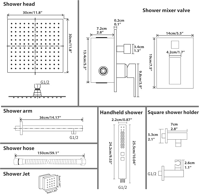 RUMOSE Rainfall Shower System with 4 Full Body Jet 4 Mode Shower Faucet Set | 12 Inch Rain Shower Head, 2 in 1 Handheld Spray, Brushed Gold Brass Shower Jet Shower Fixtures, Wall Mounted