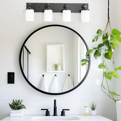 LOUSACE Bathroom Lighting Fixtures Over Mirror 4 Light Bathroom Vanity Lights Matte Black, Wall Vanity Lighting Fixture with Opal White Glass Shades for Vanity Cabinet