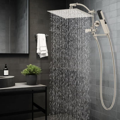 Hibbent All Metal CUPC Certified 12'' Rainfall Shower Head, Dual Shower Head Combo, High Pressure Handheld 4 Sprays Shower Wand, 16'' Adjustable Extension Arm, 71'' Hose, Shower Holder, Brushed Nickel