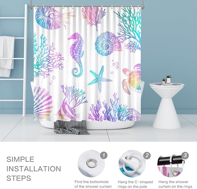 Nautical Coastal Shower Curtain, Beach Shower Curtains Sea Horse Coral Turtle Starfish Seashell Conch Ocean Themed Kids ShowerCurtain Set Polyester Fabric Machine Washable Decor Bath curtains