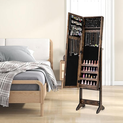 MAT EXPERT Jewelry Armoire Cabinet w/Full-Length Mirror, Jewelry Organizer Standing Mirror w/ 4 Shelves, 3 Adjustable Angles, Anti-toppling, Jewelry Cabinet for Bedroom, Living Room, Rustic Brown