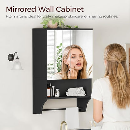 Bathroom Wall Cabinet with Mirror, Medicine Cabinet with 2 Door and Adjustable Shelf, Wall Mounted Over The Toilet Storage Cabinet for Bathroom Laundry Room Kitchen, 18.9"W x 26.2"H, Black