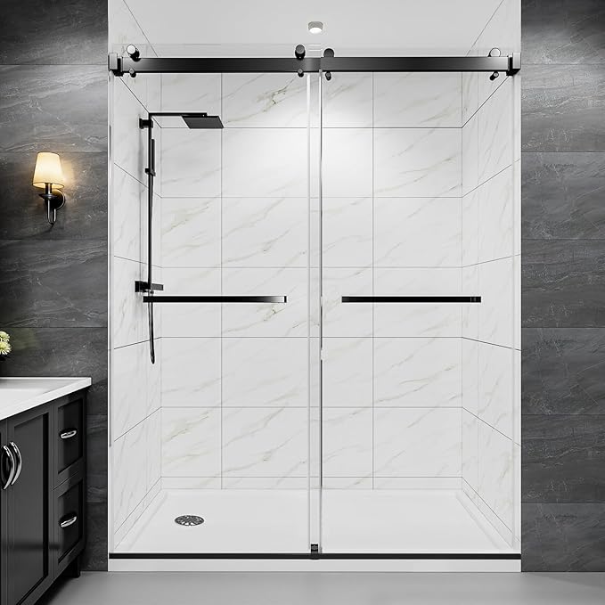 43-48" W x 76" H Frameless Double Sliding Shower Door for Walk-in Shower,5/16" (8mm) SGCC Certified Clear Tempered Safety Glass,Easy-Clean Coating,Quiet Heavy-Duty Roller System,Matte Black