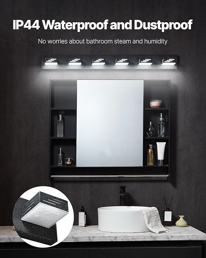 VEVOR 6-Light LED Modern Vanity Light Fixtures, 40.35-Inch, Black Finish Bathroom Wall Lighting Fixture Over Mirror, with IP44 Waterproof, for Bathroom, Living Room, Bedroom, Hallway, Cool White 6000K