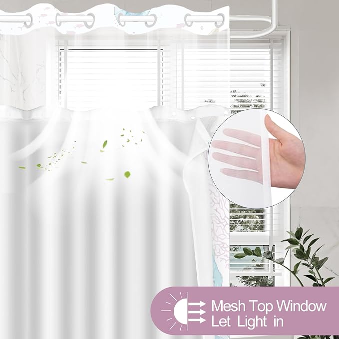 No Hook Shower Curtain and Liner Set, Watercolor Purple Beach Coastal 71x74 | Nautical Ocean for Bathroom, with Snap in Liner Replacement, Mesh Top Window, Waterproof, Machine Washable, Quick-Drying