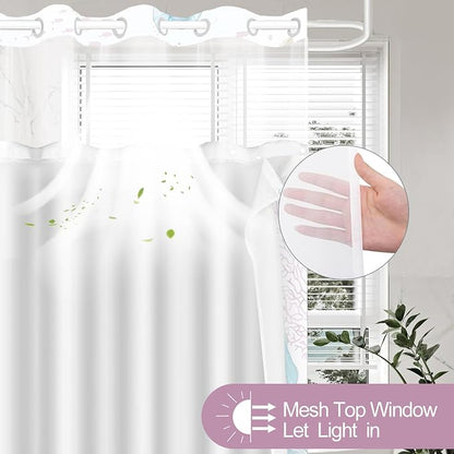 No Hook Shower Curtain and Liner Set, Watercolor Purple Beach Coastal 71x74 | Nautical Ocean for Bathroom, with Snap in Liner Replacement, Mesh Top Window, Waterproof, Machine Washable, Quick-Drying