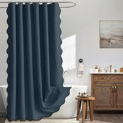 MIULEE 72"x84" Extra Long Scalloped Linen Shower Curtain Navy Blue | Linen Textured, Waterproof, Washable, 12 Metal Hooks, Heavy Duty Cloth, Black Border, Shower Curtain for Bathroom Bathtub