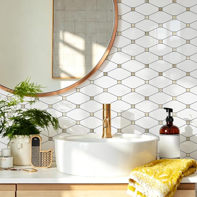 STICKGOO 1 Sheet Peel and Stick Backsplash, Glossy White PVC Mixed Metal Gold Kitchen Backsplash, Stick on Wall Tiles for Kitchen, Bathroom, RV