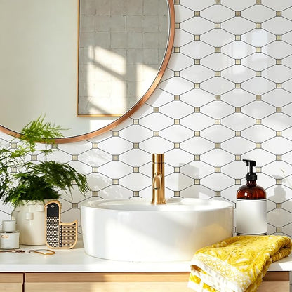STICKGOO 1 Sheet Peel and Stick Backsplash, Glossy White PVC Mixed Metal Gold Kitchen Backsplash, Stick on Wall Tiles for Kitchen, Bathroom, RV