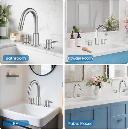 Bathroom Faucet 3 Hole, 8 Inch Widespread 2 Handle Pull Down Bathroom Sink Faucets with Pop Up Drain and 360° Swivel Spout, Brushed Nickel