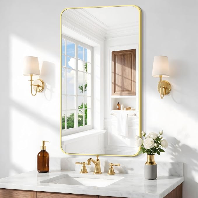 BONEWEI Gold Bathroom Mirror,24x40 inch Wall Mirror for Bathroom Wall Mounted,Round Rectangle Mirror for Bathroom Over Sink,Modern Frame for Home Decor Living Room,Bedroom Entryway,Horizontal/Vertical
