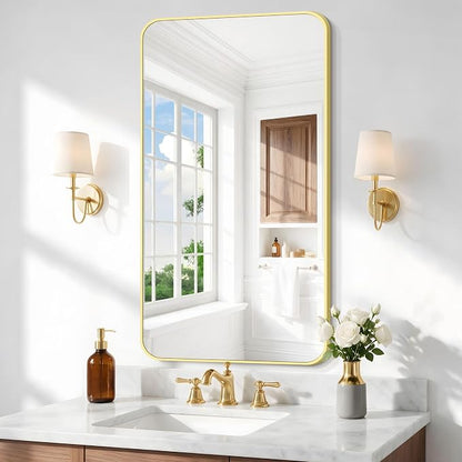 BONEWEI Gold Bathroom Mirror,24x40 inch Wall Mirror for Bathroom Wall Mounted,Round Rectangle Mirror for Bathroom Over Sink,Modern Frame for Home Decor Living Room,Bedroom Entryway,Horizontal/Vertical