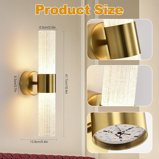 Gold Wall Sconces LED Dimmable Modern Crystal Wall Sconces Gold Wall Light Titanium Vanity Wall Light for Bedroom, Vanity Mirror Light Dimmable 0-32W with Light Source