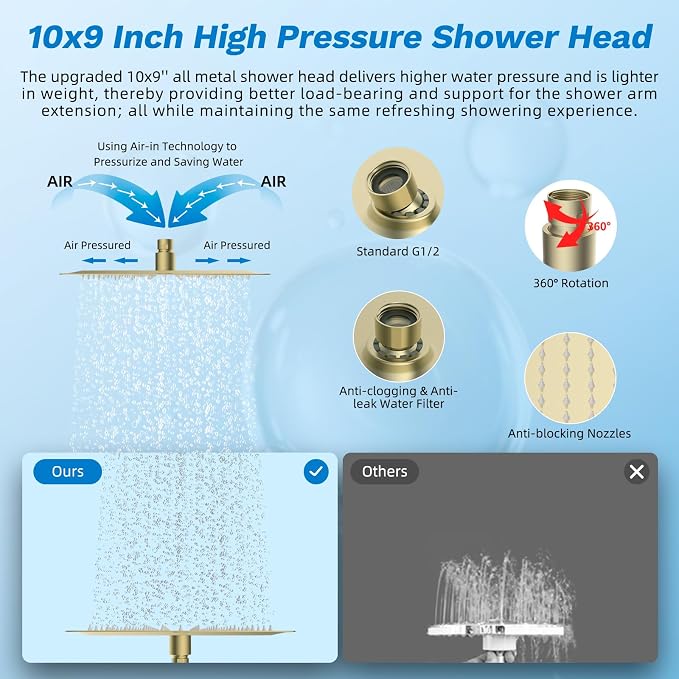 Hibbent High Pressue All Metal 10" Rainfall Shower Head, Handheld 10-Spray | cUPC Certified Brushed Gold Dual Showerhead Combo, 4-way Diverter with Pause Mode, Brass Extension Arm, 71'' Hose & Holder