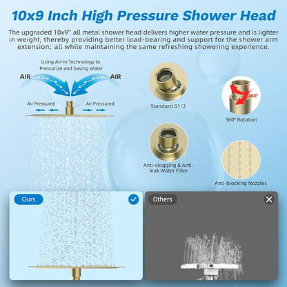 Hibbent High Pressue All Metal 10" Rainfall Shower Head, Handheld 10-Spray | cUPC Certified Brushed Gold Dual Showerhead Combo, 4-way Diverter with Pause Mode, Brass Extension Arm, 71'' Hose & Holder