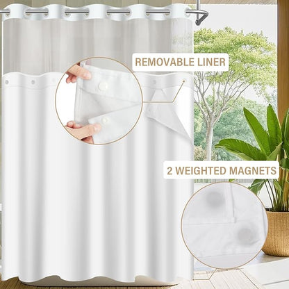 No Hook Shower Curtain with Snap in Liner Set, Beige, 71x74 | Waterproof Fabric for Bathroom, Modern Hotel Style Ombre Design, Mesh Top Window, Machine Washable, Quick Install