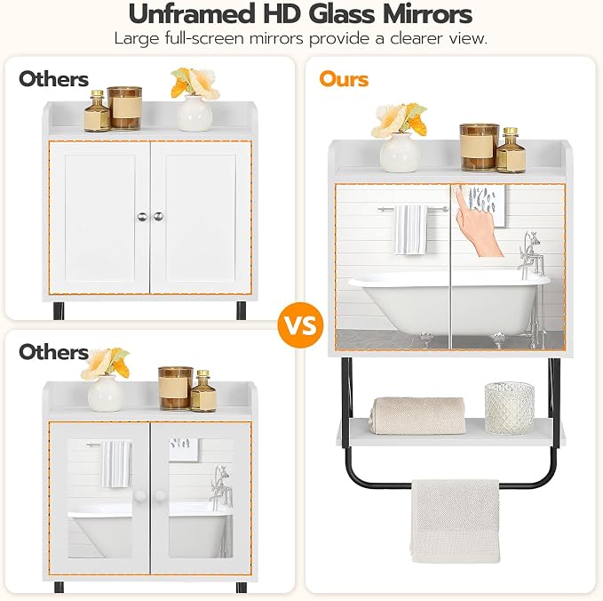 HOOBRO Medicine Wall Cabinet with Mirror, Bathroom Storage Cabinet with Hidden Space and Towel Bar, Double Mirrored Doors, Detachable Shelf, for Bathroom, Living Room, White BW41CW01