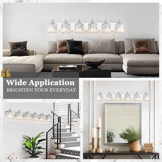6-Light Modern Bathroom Light Fixture Chrome Vanity Lights Over Mirror Wall Sconce Lighting with K9 Crystal Shades Bathroom Wall Lamp E26 Base for Bedroom, Living Room, Hallway
