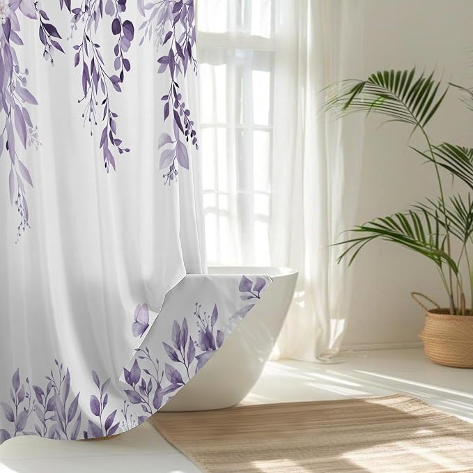 Light Purple Floral Eucalyptus Shower Curtain with Hooks, 72x72 Inch