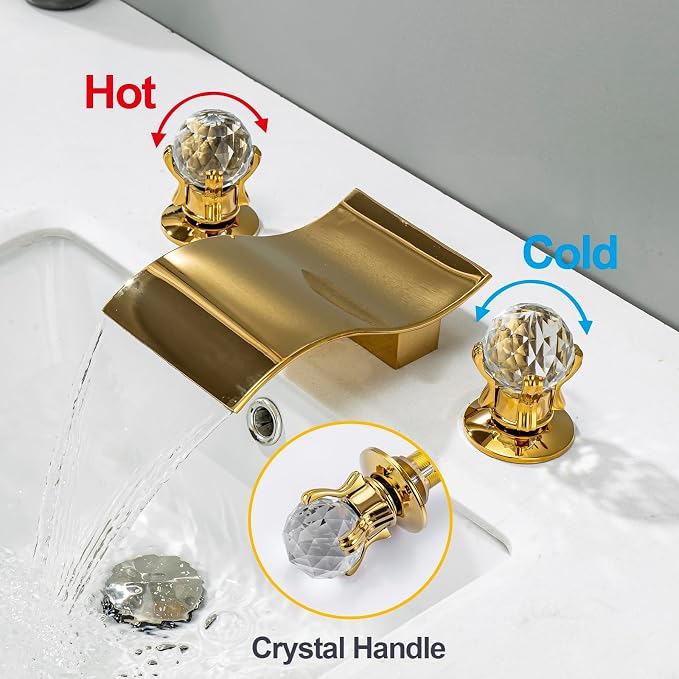 Widespread Bathroom Sink Faucet with Crystal Knob 3 Hole Waterfall Vanity Faucet 8 Inch Crystal Bathroom Faucets Deck Mount Basin Mixer Tap with Hose, Polished Gold