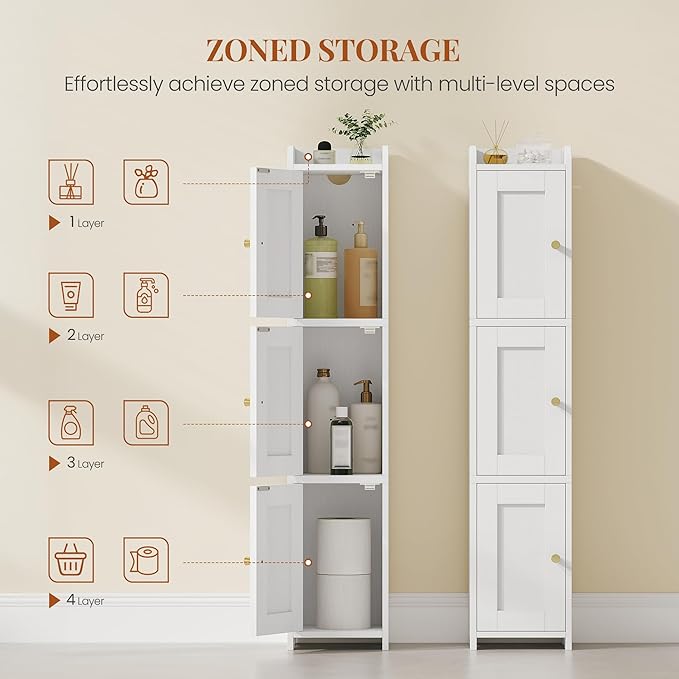 Slim Bathroom Storage Cabinet, Narrow Cabinet with 3 Doors, Small Bathroom Organizers and Storage, Laundry Room Organization for Small Space, Kitchen, Living Room, White 022313X