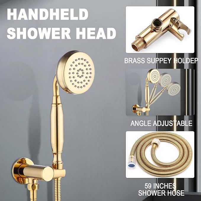 Enga Antique Dual Shower Head Faucet Set - 8" Ceiling Mount Rain Shower & 6" Wall-Mounted Vintage Rainfall + Handheld Spray Combo, Bright Gold