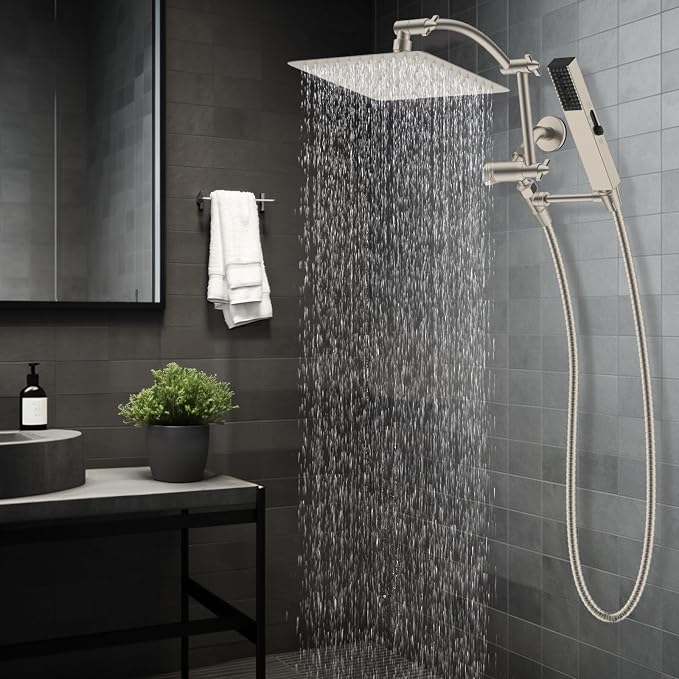 Hibbent All Metal CUPC Certified 10'' Rainfall Shower Head, Dual Shower Head Combo, High Pressure Handheld 4 Sprays Shower Wand, 16'' Adjustable Extension Arm, 71'' Hose, Shower Holder, Brushed Nickel