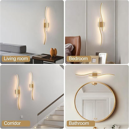 Modern LED Wall Sconce Set of Two, Dimmable Battery Powered Wall Sconces, 3000K-6500K Wireless Wall Light, Rechargeable Wall Lamp Indoor not Hardwired for Room Bedroom Corridor, 39.3in(Gold)