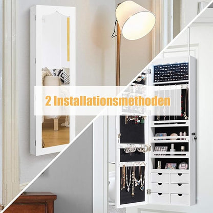 COSTWAY Jewellery Cabinet with LED Lighting, 6 Drawers and Mirror, Hanging Sail Cabinet, Wall Cabinet for Door and Wall Mounting, Lockable (White)