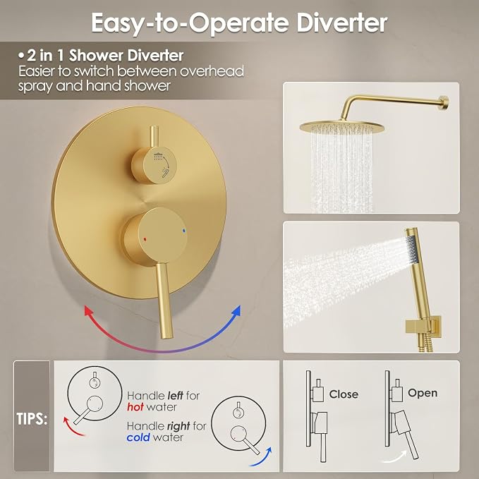 Gabrylly Shower System, 10" Wall Mounted Shower Faucet Set, Brushed Gold | Rain Shower Head with Handheld Spray Combo, All Metal Rainfall Shower Head Complete Set Shower Mixer Valve for Bathroom
