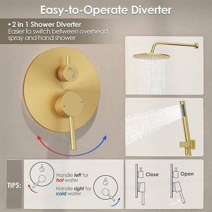 Gabrylly Shower System, 10" Wall Mounted Shower Faucet Set, Brushed Gold | Rain Shower Head with Handheld Spray Combo, All Metal Rainfall Shower Head Complete Set Shower Mixer Valve for Bathroom
