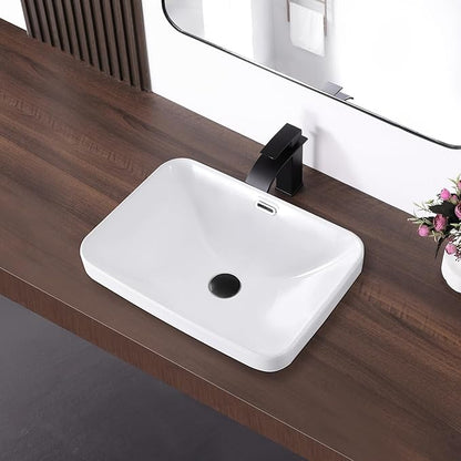 Bathroom Vessel Sink 20.6'' x 14.7'' Semi Recessed Bathroom Sink Rectangular Drop-in Vanity Sink with Overflow White Ceramic Modern Art Basin