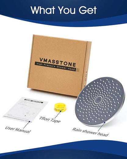 Large Shower Head VMASSTONE 9In High Pressure Showerhead - Tool Free Installation- with Large Spray Surfaces and 200 Nozzles for Delicate and Unstimulate Shower Experience (EM-001 Chrome/Dark Grey)