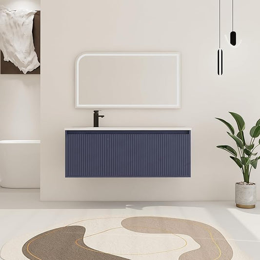 48 Inch Bathroom Vanity with Sink, 48" Floating Vanity, Premium Plywood Wooden Bathroom Cabinet with Soft Close Doors and Waterdrop-Shaped Resin Sink, Modern Wall Mounted Cabinet Set (Stripe Pattern)