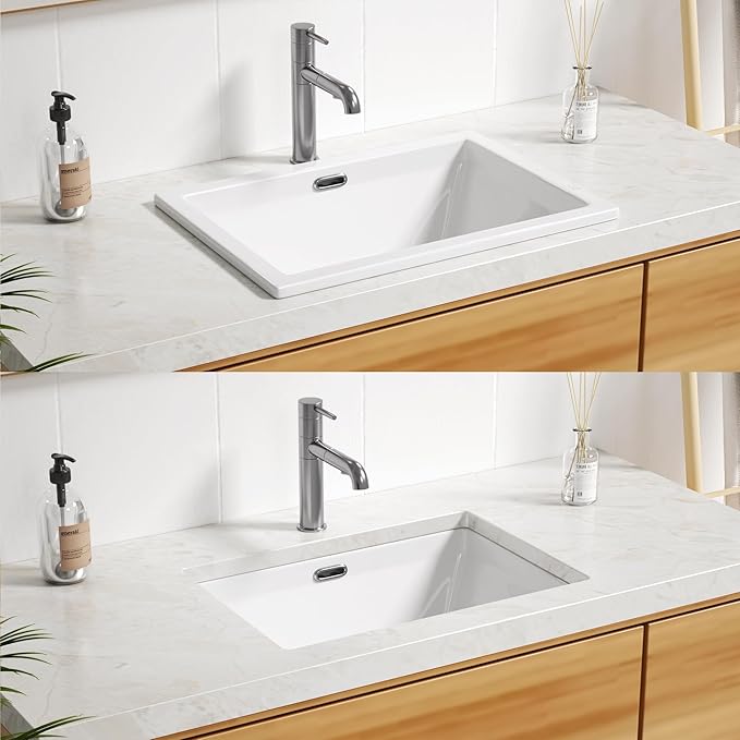 Enbol 20.6" x 14.5" Drop in Bathroom Sink Rectangule Vessel Sink Self-rimming Top Mount Bathroom Sink White Ceramic Lavatory Vanity with Overflow O2014-1
