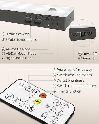 EZVALO 13inch Under Cabinet Lighting, 3200mAh Rechargeable Wireless Motion Sensor Lights, 96 LEDs, 3 Color Temps, Dimmable, Timer, Magnetic, with Remote for Kitchen (3 Pack)