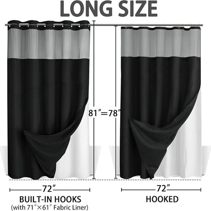 No Hook Shower Curtain with Liner Set Hotel Waffle Curtain Black 72W X 81L | Washable Snap in Fabric Liner, Mesh Top Window, Waffle Hotel Style Shower Curtain Set