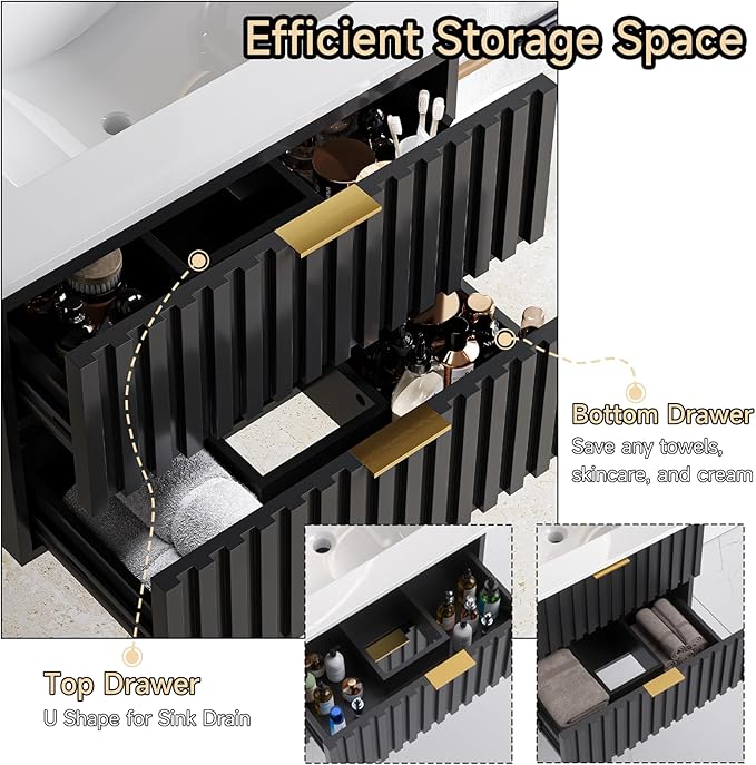 ONBRILL 30 Inch Bathroom Vanity with Sink Combo, Floating Bathroom Vanity with 2 Fluted Drawers & Metal Handle, Modern Wall Mount Storage Cabinet with Ceramic Integrated Sink for Small Space (Black)