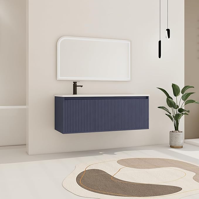 48 Inch Bathroom Vanity with Sink, 48" Floating Vanity, Premium Plywood Wooden Bathroom Cabinet with Soft Close Doors and Waterdrop-Shaped Resin Sink, Modern Wall Mounted Cabinet Set (Stripe Pattern)