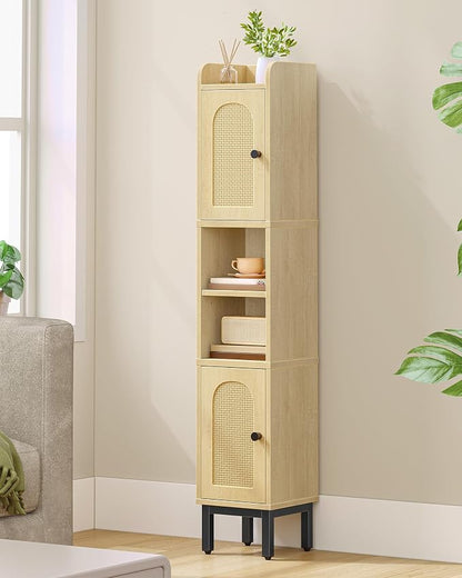 Hzuaneri Slim Bathroom Storage Cabinet, Narrow Bathroom Organizers,2 Doors | Narrow Bathroom Storage with 4 Adjustable Feet, Laundry Room Organization for Small Space,Kitchen, Rattan Yellow BC22402Y