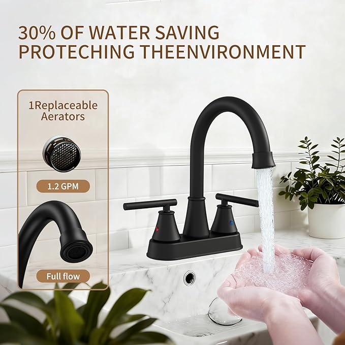 Bathroom Sink Faucet 4 Inch 2 Handle Centerset Matte Black Lead-Free Modern Bathroom Faucet Vanity Faucet with Pop-up Drain Stopper and Supply Hoses