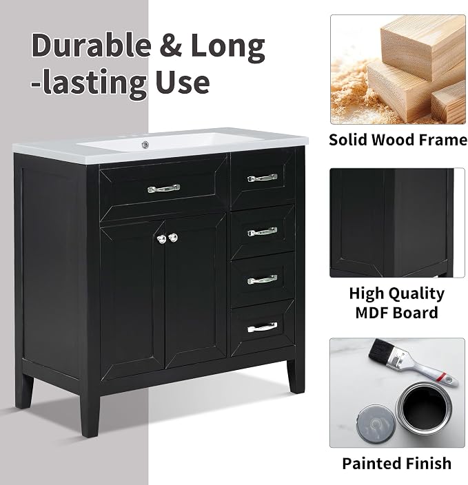 36 Inch Bathroom Vanities with Undermount Ceramic Sink, Storage Cabinet with Soft Closing Doors and Three Drawers, Solid Wood Frame, Black
