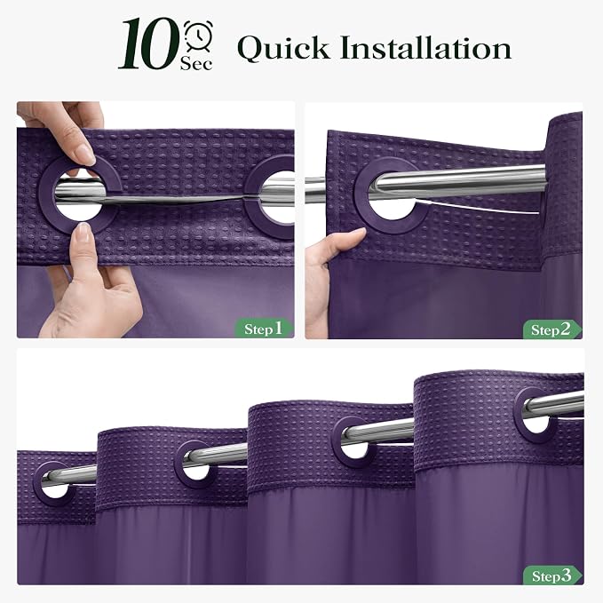 Purple Hook Free Waffle Shower Curtain & Snap Fabric Liner,72x81 | Less Time to install, 3 in 1 Fabric Shower Curtain and Liner Set with Magnets, Long, Shower Curtains for Bathroom