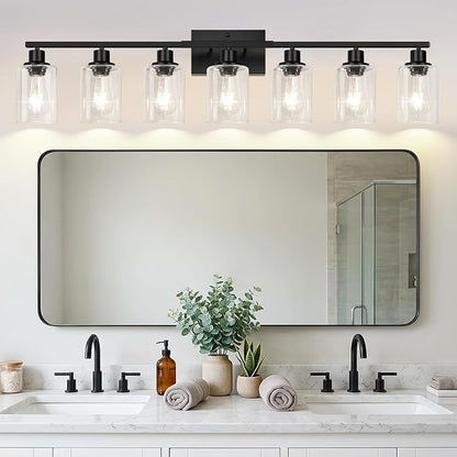 Indoi 7-Light Bathroom Light Fixtures, Matte Black Modern Vanity Lights with Clear Glass Shades, Bathroom Wall Lamp for Mirror Living Room Cabinet Bedroom Porch