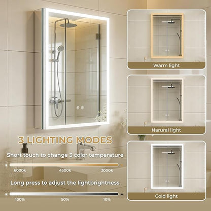 WallBeyond 20 x 28 LED Bathroom Medicine Cabinet, Square Lighted Mirror Cabinet with 3-Color Dimmable Lighting, Memory Function & Anti-Fog, Recessed or Surface Mount Installation
