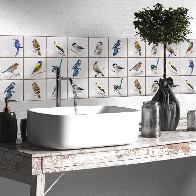 Alwayspon Vinyl Sticker Peel and Stick, Self-Adhesive Wall Tile Transfers Backsplash Sticker Decal for Kitchen Bathroom, 6x6inch/15x15cm 30Pcs, Birds T032